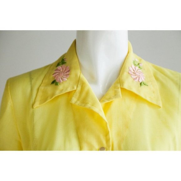 Vintage 70s Yellow Floral Embroidered Long Sleeve button down  Blouse Top S - Picture 6 of 9